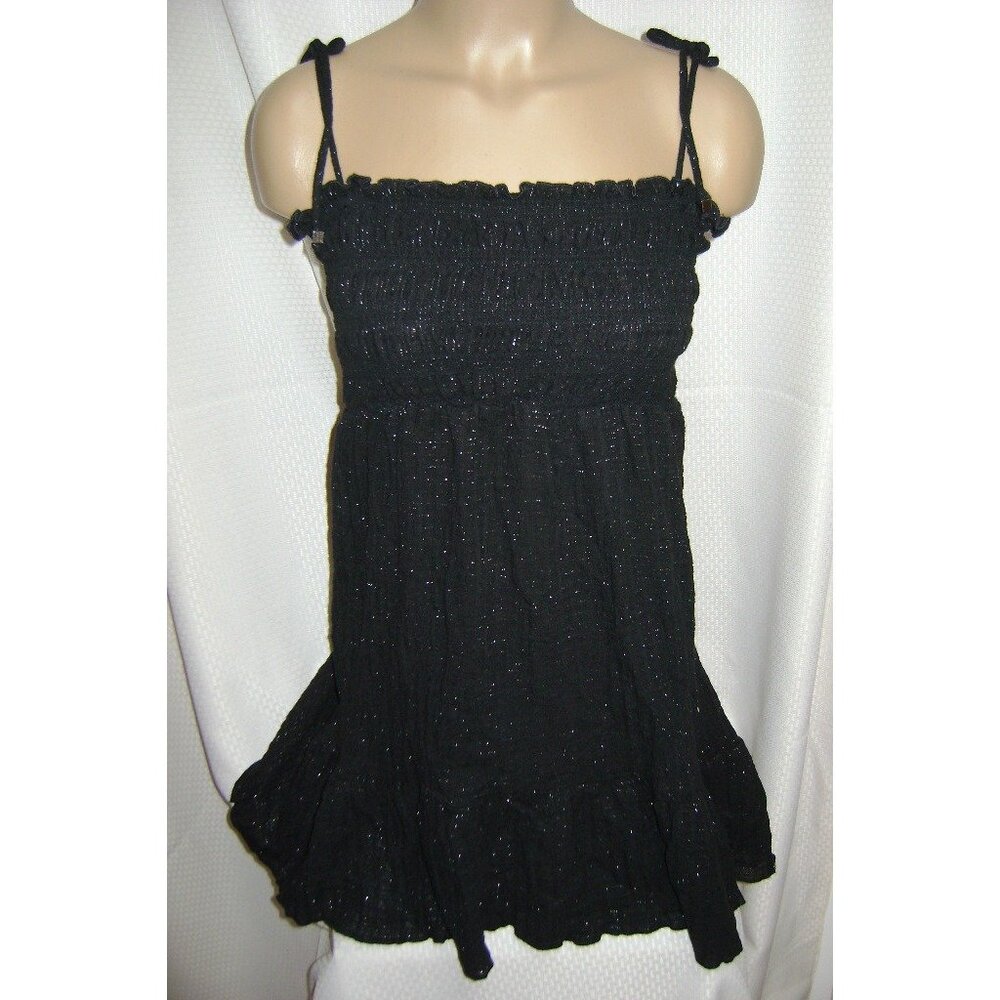 NEW DOTTI BEACH SWIMSUIT COVER-UP SMOCKED DRESS BLACK AND METALLIC SILVER SZ M